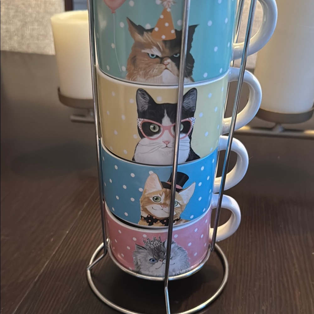 Colorful Cat-Themed Stacking Mugs